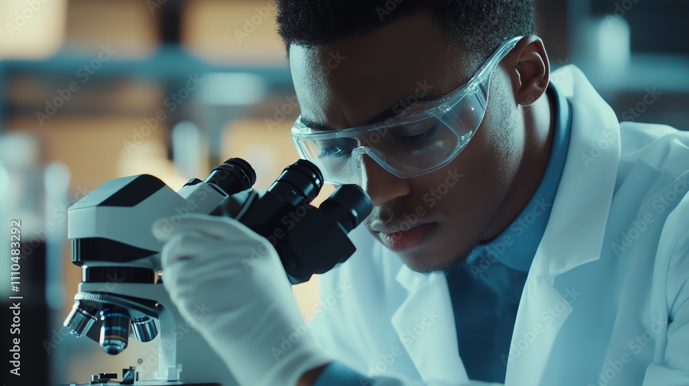 Poster a scientist in a lab coat examines a sample under a microscope.