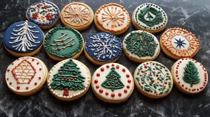 Fototapeta premium Festive holiday sugar cookies decorated with royal icing in various designs and colors.