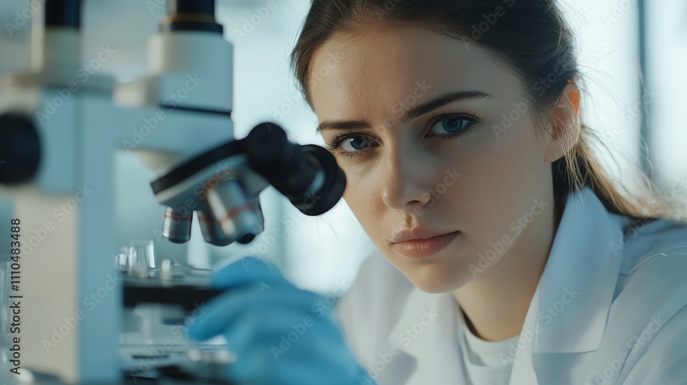 Aufkleber a scientist looks through a microscope in a lab.