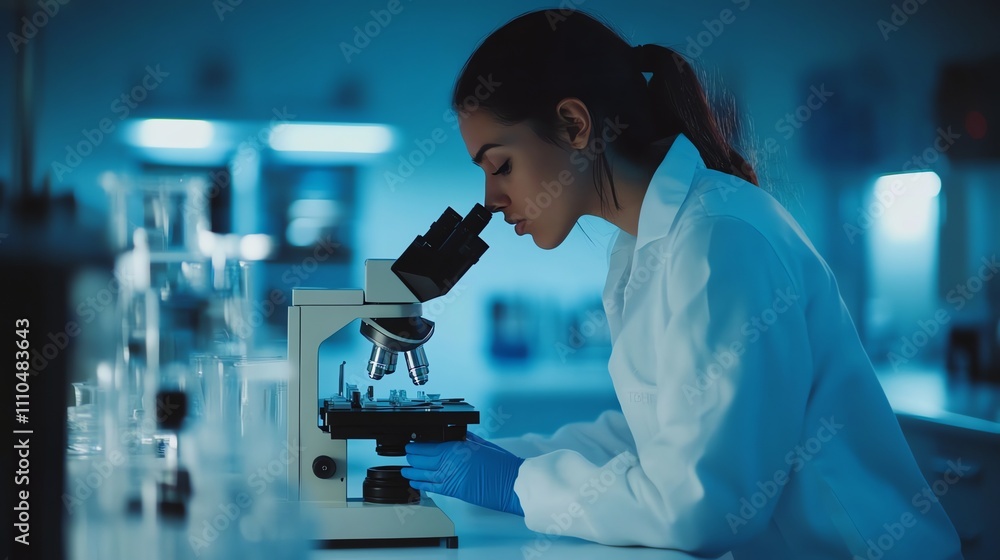 Aufkleber a scientist looks through a microscope in a lab.