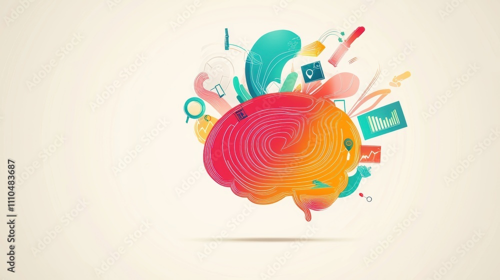 Poster colorful digital brain illustration with swirling patterns and abstract elements representing human 