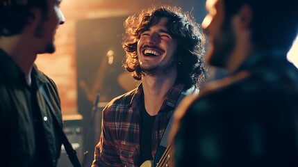 Happy bandmates laughing together backstage before a concert.