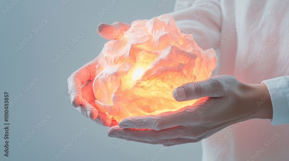 Poster ethereal hands sculpting a glowing abstract form with soft light in a minimalist setting