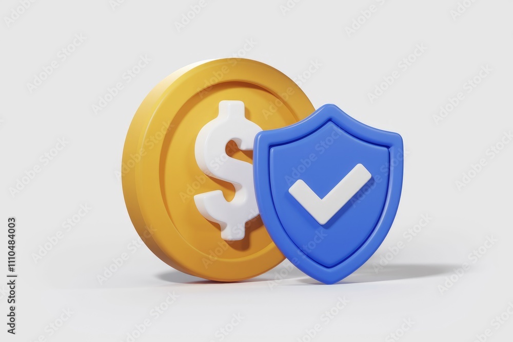 Poster 3d rendering of gold coin with dollar sign and shield.
