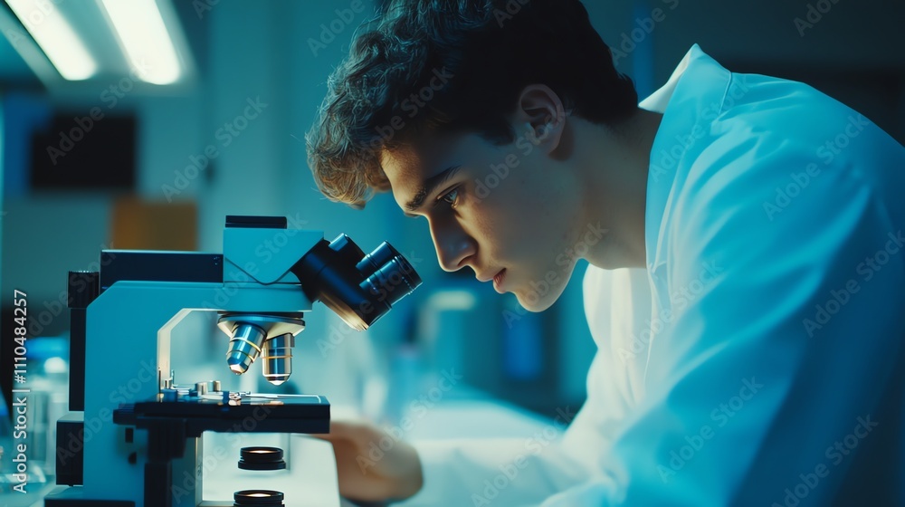 Poster a scientist in a lab coat examines a sample under a microscope.