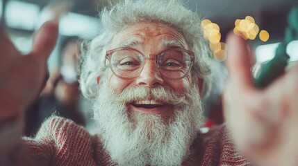 Cheerful elderly man in glasses with white beard smiles warmly in a vibrant social gathering with friends and professionals