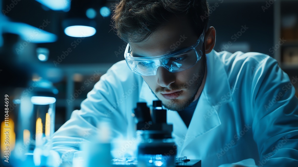 Aufkleber a scientist is using a microscope in a lab.