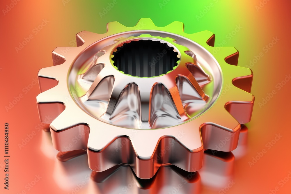 Poster detailed close up of metallic gear with intricate precision and reflection.