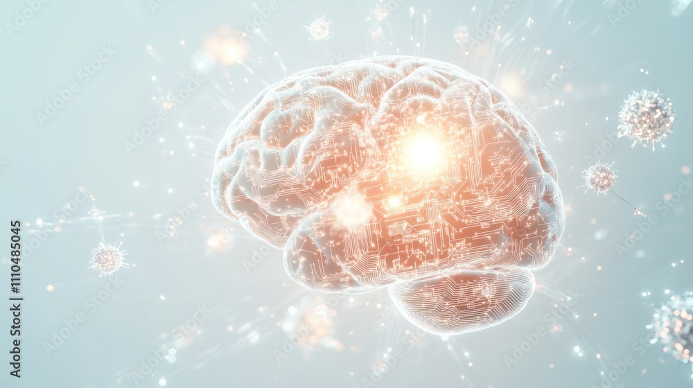 Poster brain with digital circuits and quantum particles swirling around it on a clean white background rep