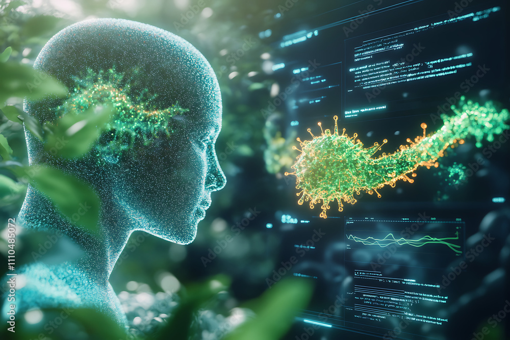 Aufkleber a digital representation of a human head interacting with a virus and data visualization.