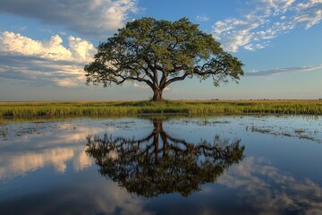 Majestic tree reflecting in calm water, under a vibrant sky.