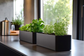 Fototapeta premium Indoor herb gardening growing fresh basil and thyme in modern kitchen planters bright and airy environment promoting health and wellness through nature's bounty