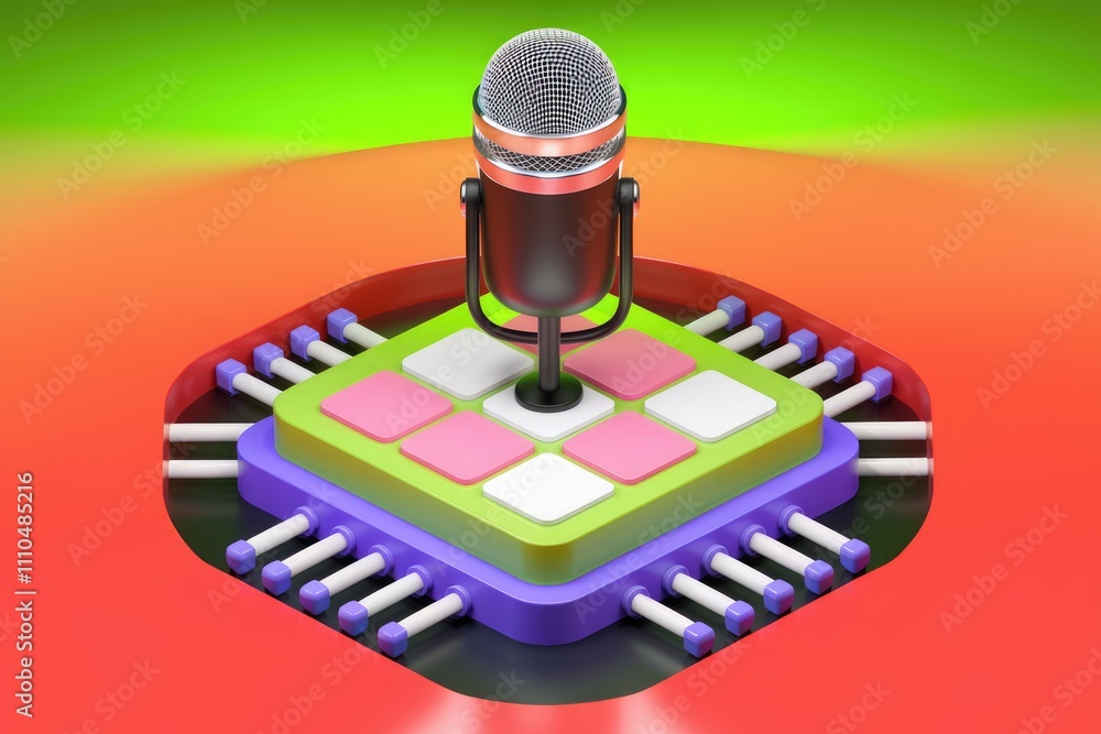 Poster A microphone sits atop a colorful CPU  symbolizing voice technology integration in computing.