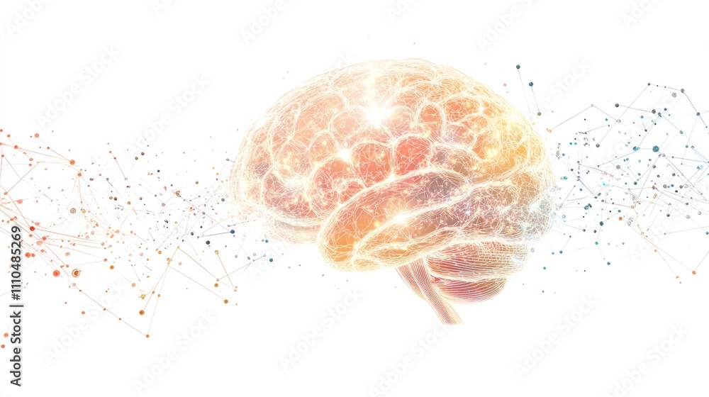 Poster brain with digital circuits and quantum particles swirling around it on a clean white background rep