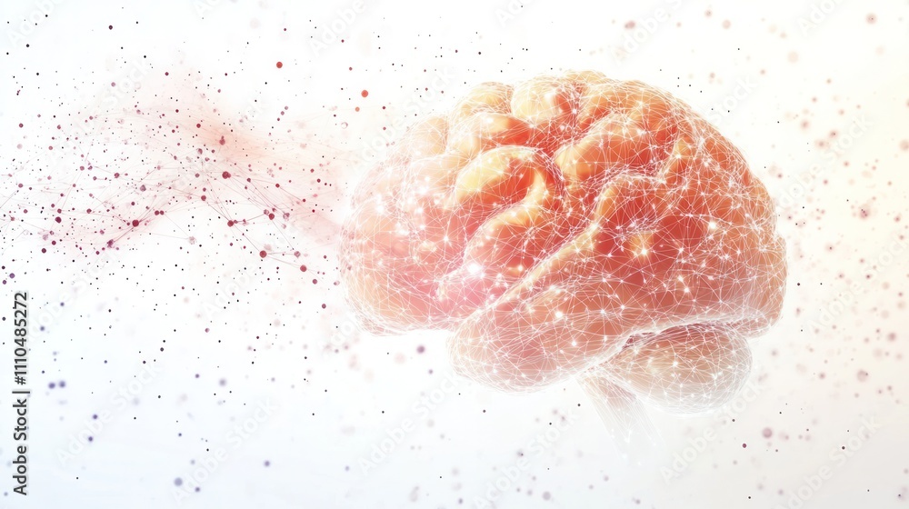 Poster brain with digital circuits and quantum particles swirling around it on a clean white background rep