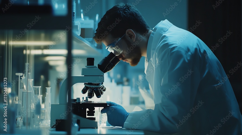 Poster a scientist in a lab coat examines a sample under a microscope.