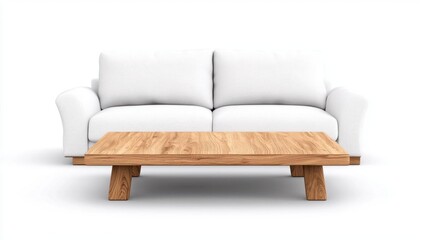 Obraz premium A photostock of a fluffy white couch paired with a modern coffee table, isolated on a clean white background for furniture advertisements. High Quality