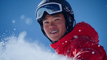 赤いウェアを着たスノーボーダーの躍動感ある滑走