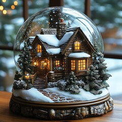 Festive winter cabin enclosed in snow globe creating a cozy scene picture