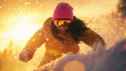 夕焼けの中でスノーボードを楽しむ女性