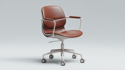 Fototapeta premium Brown leather office chair with white metal frame and wheels modern design.