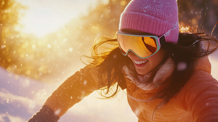 夕焼けの中でスノーボードを楽しむ女性