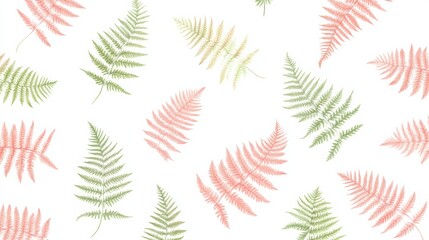 Pastel geometric pattern with fern leaves on white background