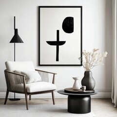 Modern Minimalist Interior Design Featuring Abstract Black and White Artwork, Comfortable Chair, and Stylish Decor