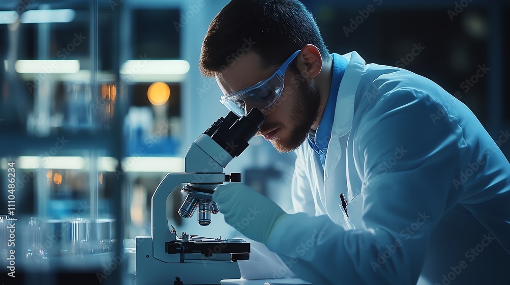 Poster a scientist in a lab coat examines a sample under a microscope.
