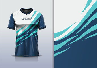 T-shirt mockup abstract curve line jersey design for football, soccer, racing, esports, running, in blue white  green white color © Nimpuna O