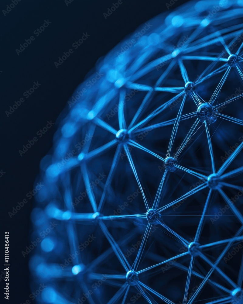 Poster a close-up of a blue geometric sphere composed of intersecting lines, resembling a network or digita