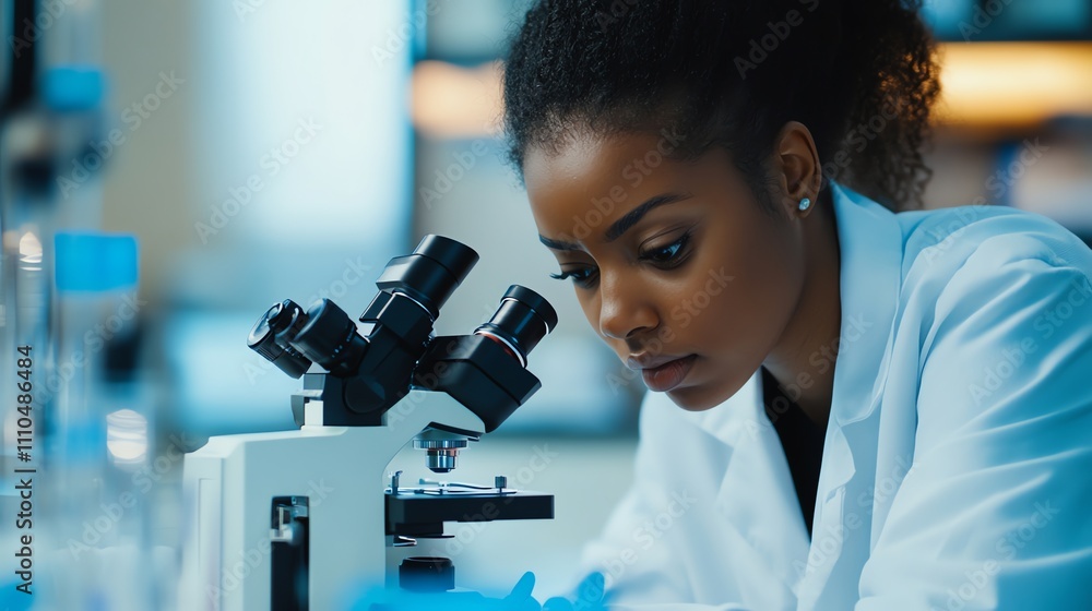 Aufkleber a scientist looks through a microscope in a lab.