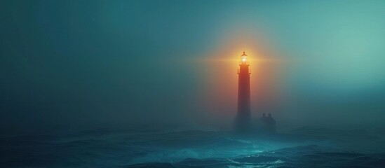 Dramatic lighthouse beacon piercing through the misty moody seascape at dusk or dawn  The solitary lighthouse stands tall amidst the crashing waves