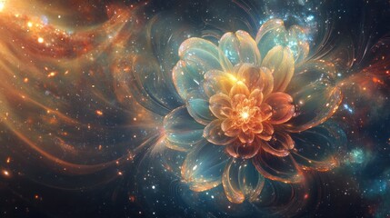 Obraz premium flower blooming in a cosmic landscape, with petals radiating iridescent colors that shift and change.