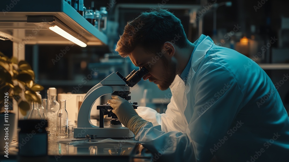 Poster a scientist in a lab coat examines a sample under a microscope.