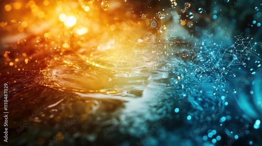 Poster a visually striking depiction of water droplets merging with luminous quantum energy waves, creating