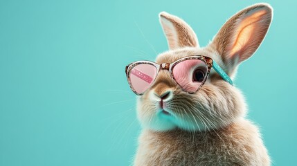 Vector art of funky bunny in heartshaped sunglasses on mint background