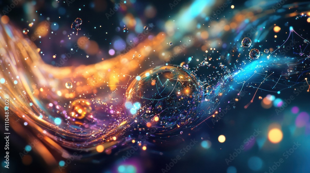 Poster a visually striking depiction of water droplets merging with luminous quantum energy waves, creating