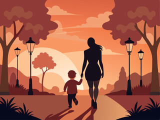 mother and child walking in park at sunset. eps 10