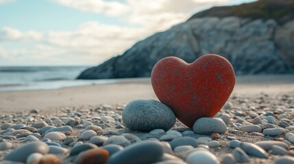 Fototapeta premium Heart-shaped stone nestled among pebbles on a serene beach, capturing the essence of tranquility and nature.