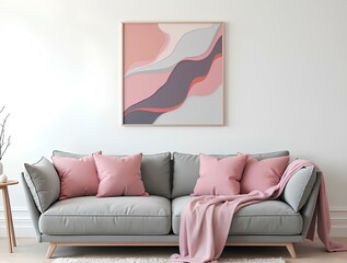 Grey sofa with pink pillows and blanket against white wall with abstract art poster. Interior design of modern living room. modern pink deco cushion style with home poster created with generative AI