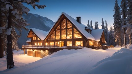 Ski lodge surrounded by snow with a warm light glowing from inside