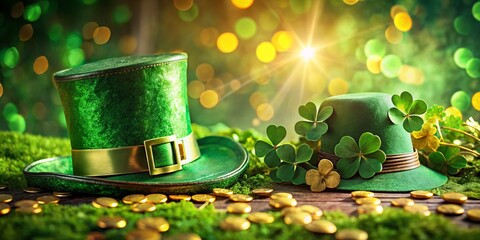 Festive St. Patrick's Day Portrait with Clovers, Gold Coins, and Leprechaun Hats in Traditional Green and Yellow for Holiday Cards, Invitations, and Social Media Posts
