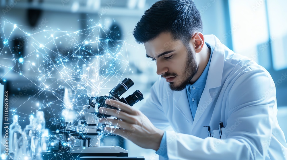 Aufkleber a scientist looks through a microscope in a lab.