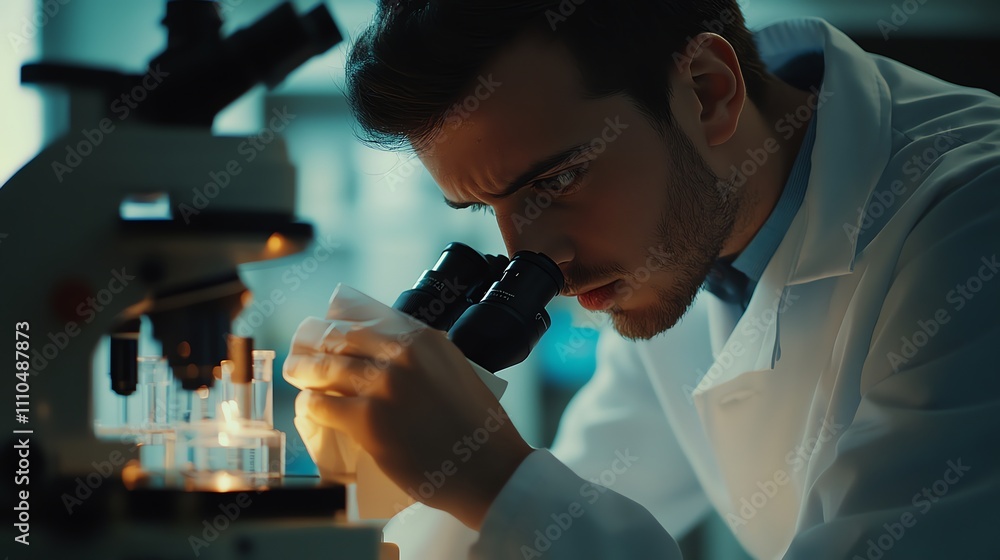 Poster a scientist is using a microscope in a lab.