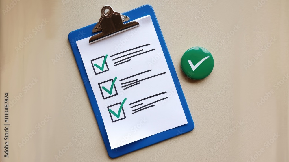 Poster blue clipboard checklist with completed tasks symbolizes accomplishment and organization.