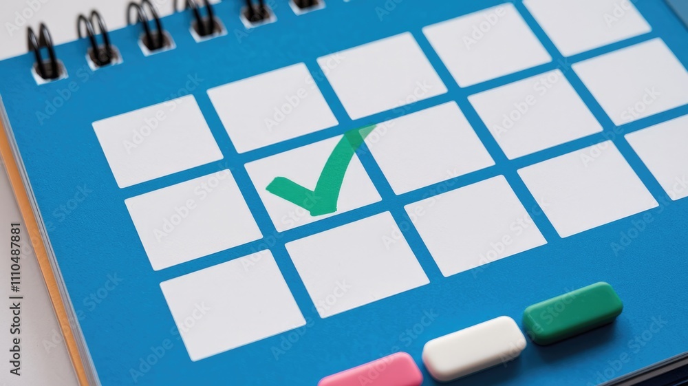 Aufkleber A blue desk calendar with a green checkmark on one date  indicating a completed task or appointment.