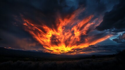 Fototapeta premium Fiery sunset cloudscape over a silhouetted landscape.