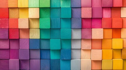 Vibrant geometric pattern of colorful wooden blocks arranged in a seamless gradient spectrum.
