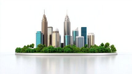 A photostock of a modern cityscape with tall skyscrapers and lush greenery, isolated on a clean white background for urban design concepts. High Quality